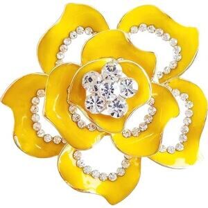 NEW 18k Gold Plated Crystal Rose Flower Enamel Brooch Pin 1.97 x 1.97 Inches